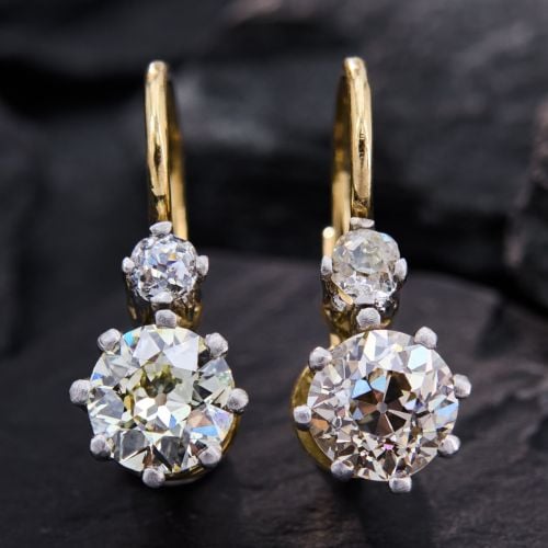 Two Stone Old Euro Diamond Drop Earrings 18K Yellow Gold & Platinum GIA