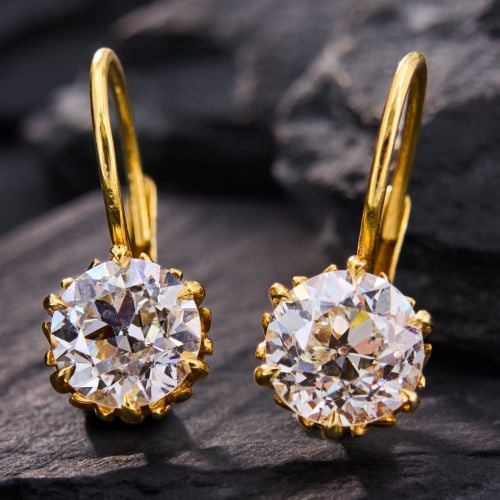 Old Euro Diamond Drop Earrings 18K Yellow Gold 3.14CTW GIA