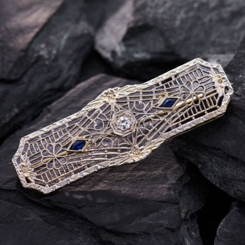 Final Sale: Vintage Transitional Cut Diamond Filigree Brooch w/ Lab Sapphire Accents