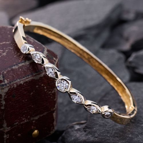 Marquise & Round Diamond Bangle Bracelet Two-Tone 14K Gold