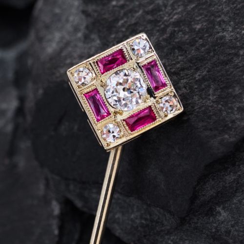 Art Deco Diamond & Lab Ruby Stick Pin 14K White Gold