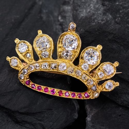 Regal Antique Diamond Crown Brooch 18K Yellow Gold