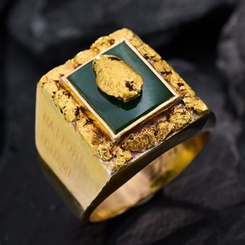 Mens Gold Nugget & Nephrite Jade Championship Ring Yellow Gold