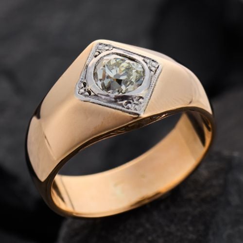 Old European Diamond Wide Band Mens Ring 14K Two Tone Gold