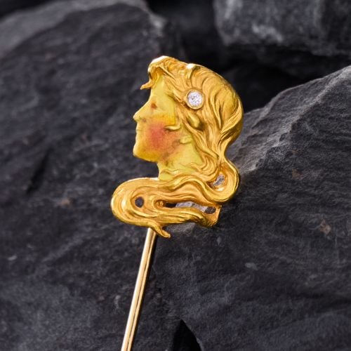 Art Nouveau Enamel Lady Stick Pin with Diamond 14K Yellow Gold