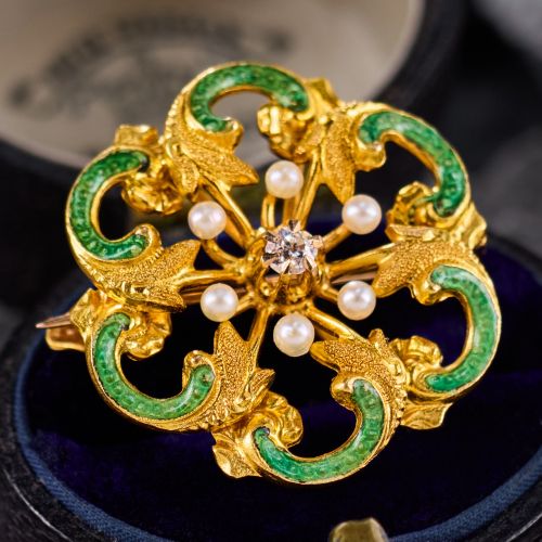 Antique Green Enamel Seed Pearl & Diamond Pin 14K Yellow Gold