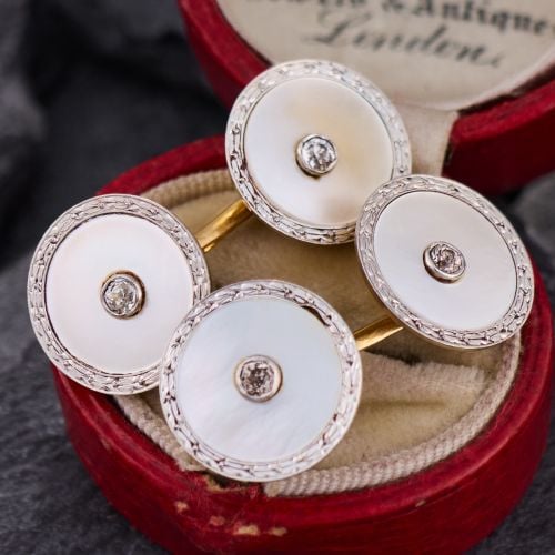 Art Deco Mother of Pearl & Diamond Cufflinks 14K Yellow Gold/ Platinum