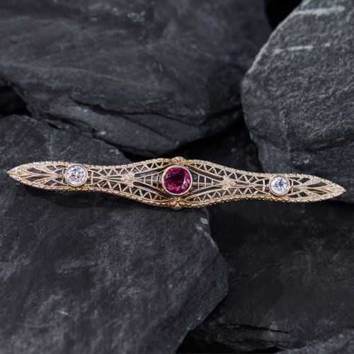 Art Deco Filigree Garnet Bar Brooch Pin White Gold