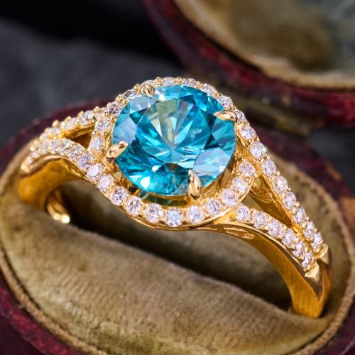 Lively Blue Zircon Ring w/ Diamonds 14K Yellow Gold