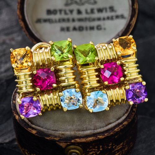 Multi Gemstone Square Earrings 14K Yellow Gold