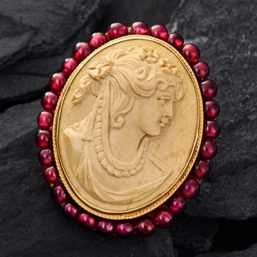 Lava Cameo Brooch with Garnet Beads 14K Yellow Gold
