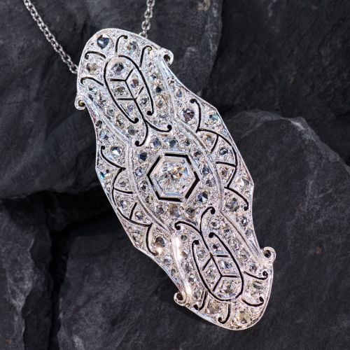 Art Deco Style Diamond Necklace Sterling Silver & 14K White Gold 