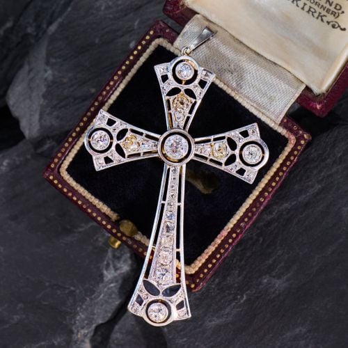 Old Euro Diamond Cross Pendant Platinum Topped 18K Yellow Gold