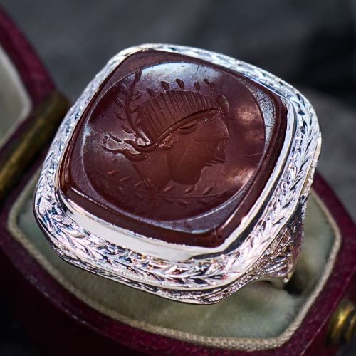 Sard Intaglio Ring with Filigree 18K White Gold