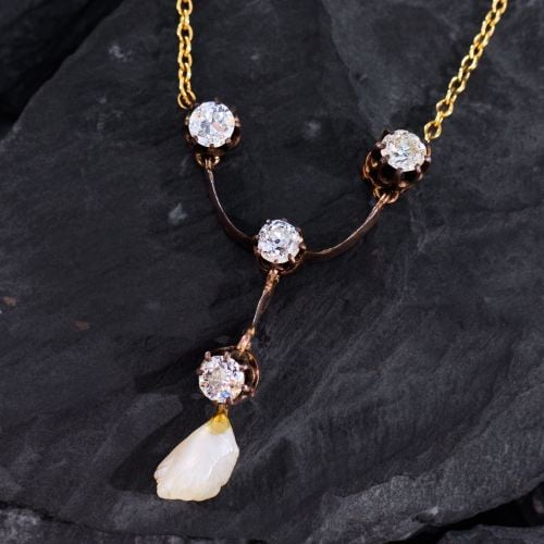 Victorian Old European Diamond & Pearl Necklace 14K Yellow Gold/Sterling Silver