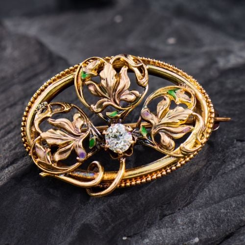 Old Mine Diamond Filigree Flower Brooch Pin 14K Yellow Gold 