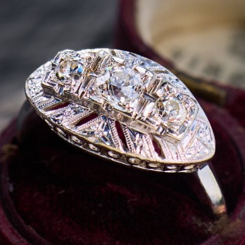 1930s Diamond Three Stone Engagement Ring 14K White Gold .30Ct F/SI2