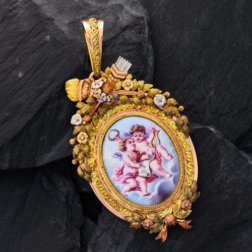 Ornate Victorian Painted Cherub Brooch Pendant 18K Tri-Tone Gold