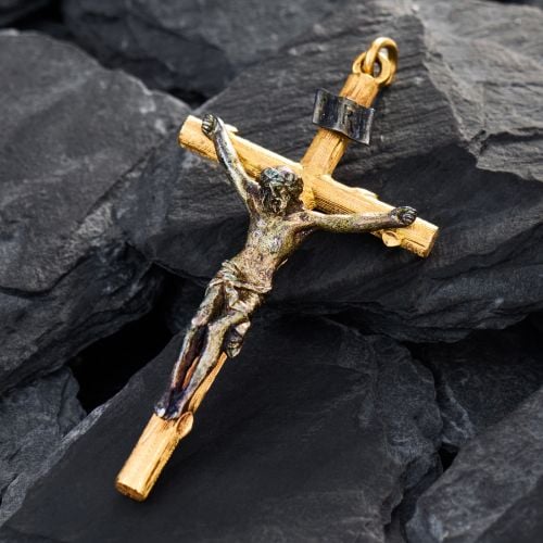 1880s French Crucifix Pendant 18K Yellow Gold / Silver