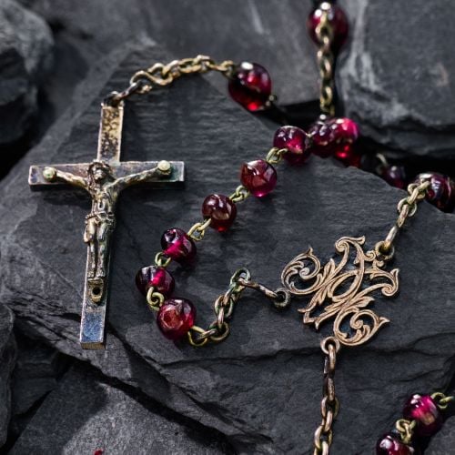 Antique Garnet Bead Rosary Gunmetal Chain Sterling Silver