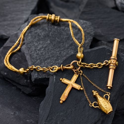 French Watch Fob Bracelet w/ Cross & Amphora Charms 18K Yellow Gold