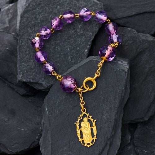 Amethyst Rosary Bead Bracelet w Madonna & Child Charm 18K Yellow Gold