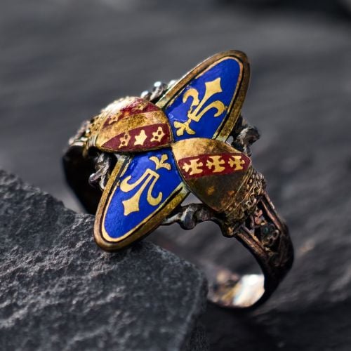 Antique Alsace-Lorraine Coat of Arms Enamel Ring Silver