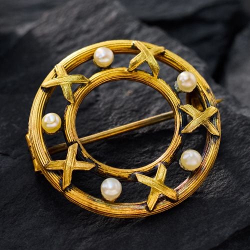Antique Seed Pearl Wreath Brooch 18K Yellow Gold