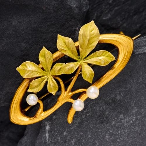 Antique French Leaf & Seed Pearl Brooch Pin 18K Yellow Gold
