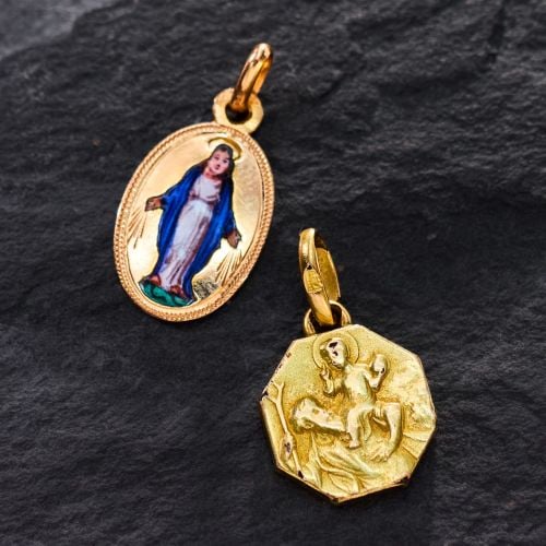 Antique French St. Christopher & Virgin Mary Catholic Medals 18K Yellow Gold