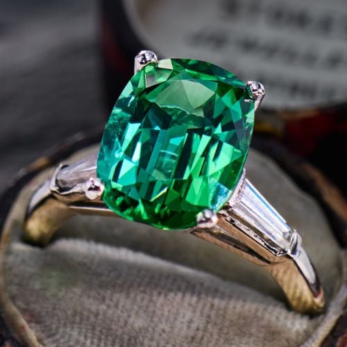 Cushion Cut Bi-Color Tourmaline Ring Platinum