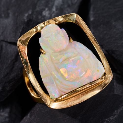 Vintage Carved Opal Buddha Ring 14K Yellow Gold