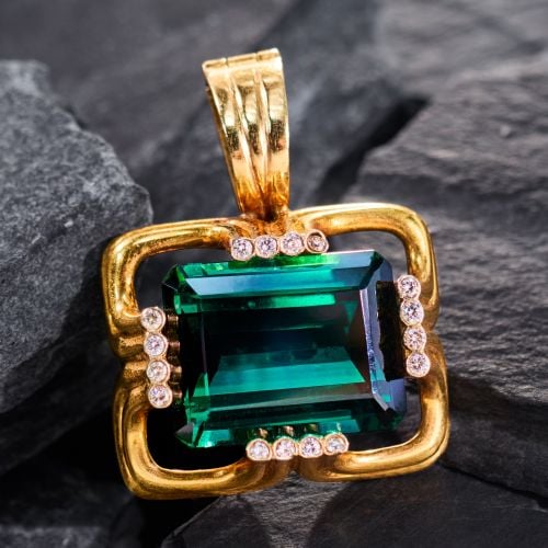 Fabulous Teal Tourmaline Custom Enhancer Pendant 14K & 18K Yellow Gold