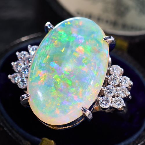 Oval Opal Cocktail Ring w/ Diamond Platinum