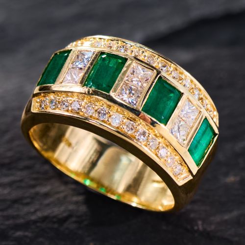 Princess Diamond & Emerald Wide Band Ring 14K Yellow Gold
