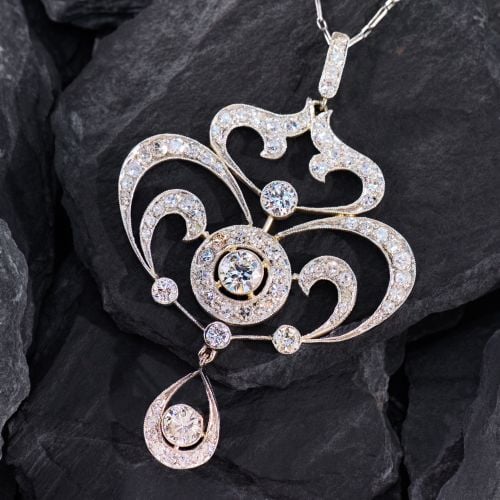 Vintage Edwardian Style Diamond Pendant Necklace Platinum