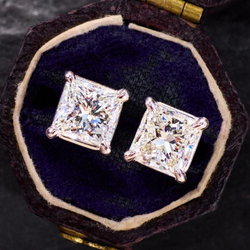 3+ Total Carat Princess Cut Diamond Stud Earrings Platinum F/SI1-2 GIA