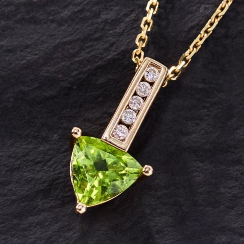 Diamond Accented Trillion Peridot Pendant Necklace 14K Yellow Gold
