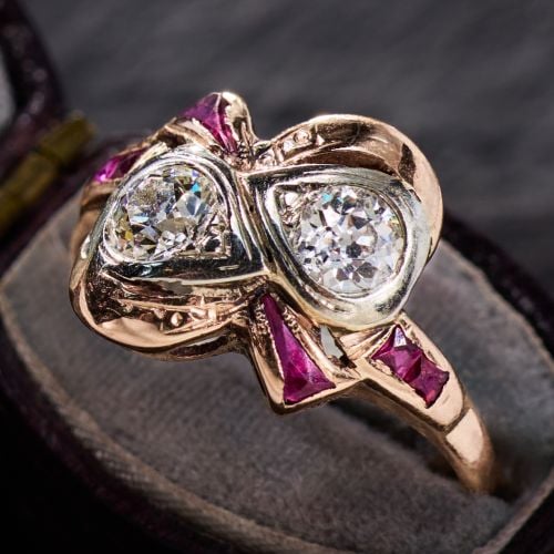 Retro Old Euro Diamond & Lab Ruby Ring 14K Two Tone Gold 
