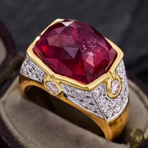 Contemporary Rubellite Tourmaline Ring w/ Diamonds 18K Yellow Gold 