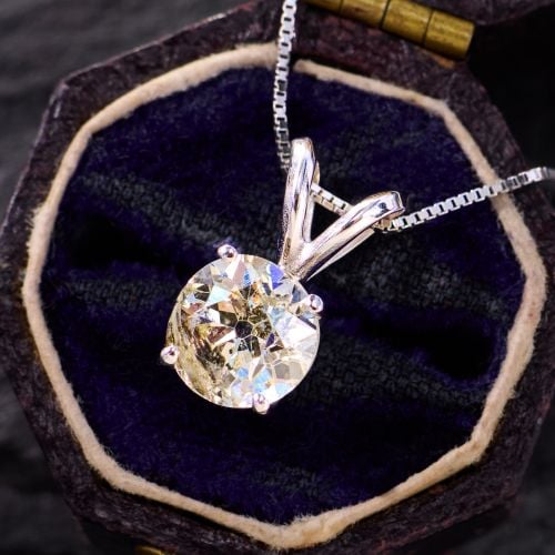 Old European Diamond Pendant Necklace 14K White Gold K/I2