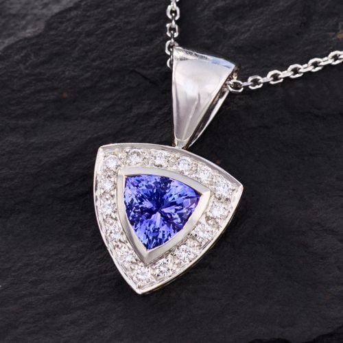 Triangle Tanzanite Filigree Pendant Necklace w/ Diamond Accents