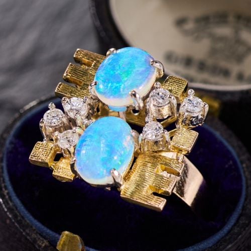 Brutalist Inspired Opal Ring w/ Diamonds 14K Yellow Gold
