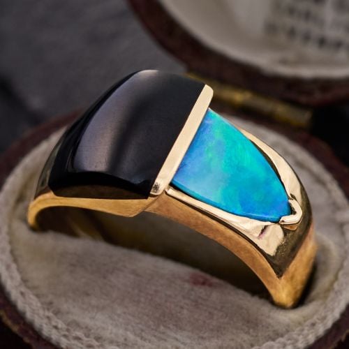 Sleek Opal & Onyx Ring 14K Yellow Gold