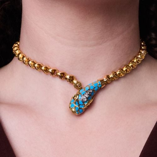 Victorian Dragon Head Necklace w/ Old Mine Cut Diamonds & Enamel 15-Inch