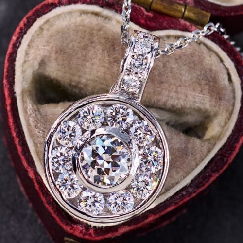 Transitional Cut Diamond Halo Pendant Necklace in 14K White Gold