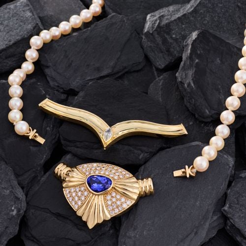 Convertible Pearl Strand Tanzanite & Diamond Pendant Necklace 14K Gold