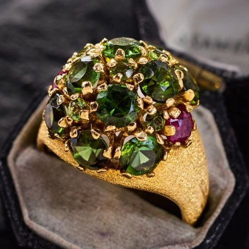 Stippled Green Tourmaline & Ruby Dome Ring 18K Yellow Gold