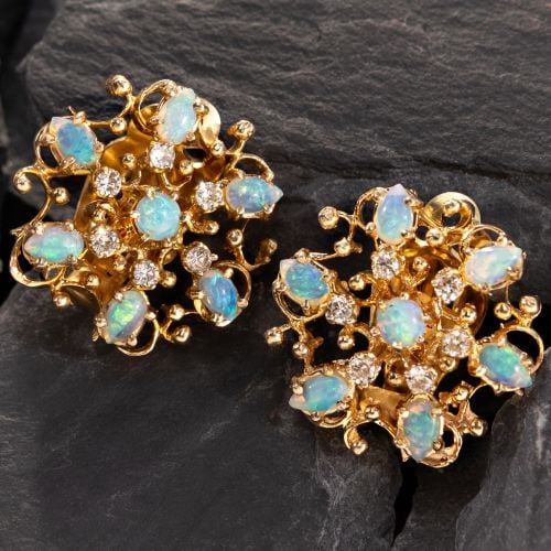 Swirling Vintage Opal Clip On Earrings 14K Yellow Gold