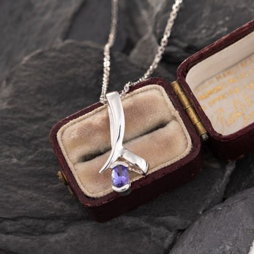 Swooping Tanzanite Pendant Necklace 14K White Gold